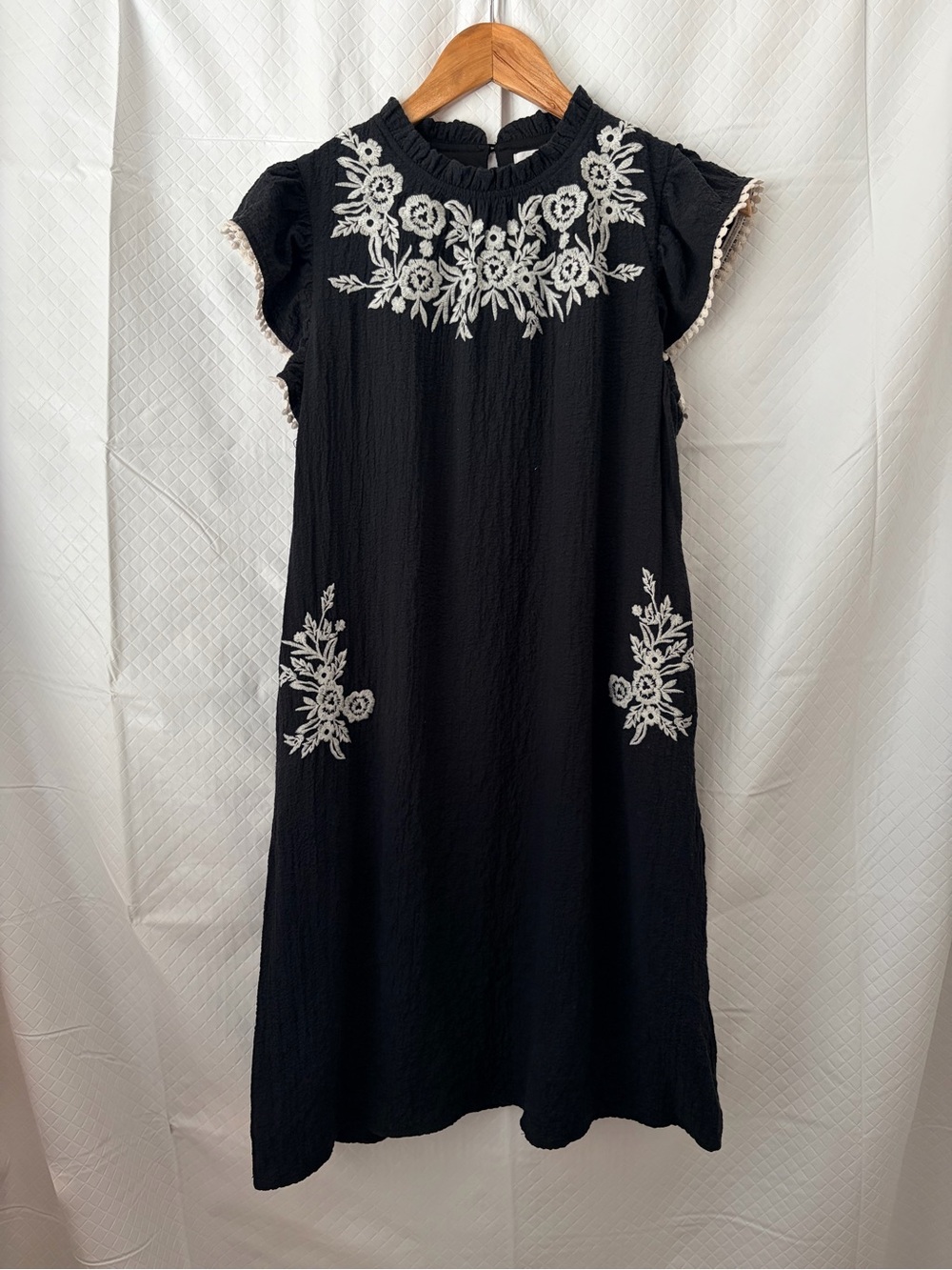 THML Black Midi Dress with White Floral Embroidery